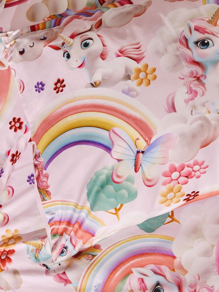 Pink Unicorn Rainbows 100% Cotton Printed Bedding Duvet Cover and Pillowcase Set - Image 3 of 6