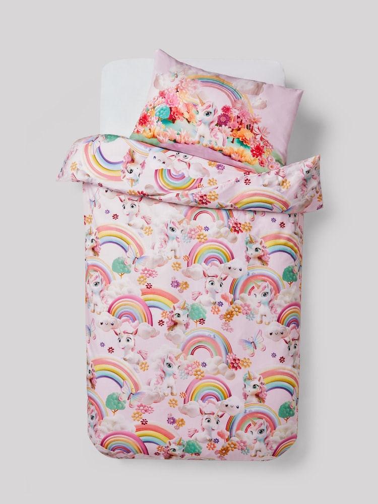 Pink Unicorn Rainbows 100% Cotton Printed Bedding Duvet Cover and Pillowcase Set - Image 4 of 6
