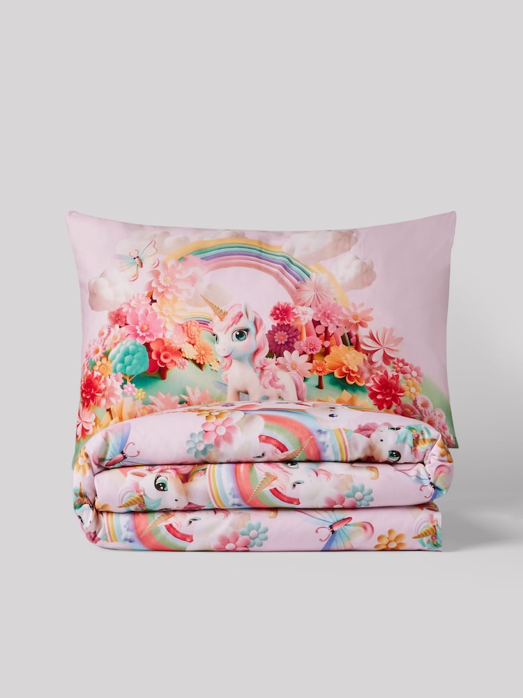 Pink Unicorn Rainbows 100% Cotton Printed Bedding Duvet Cover and Pillowcase Set - Image 5 of 6