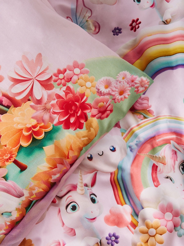 Pink Unicorn Rainbows 100% Cotton Printed Bedding Duvet Cover and Pillowcase Set - Image 6 of 6