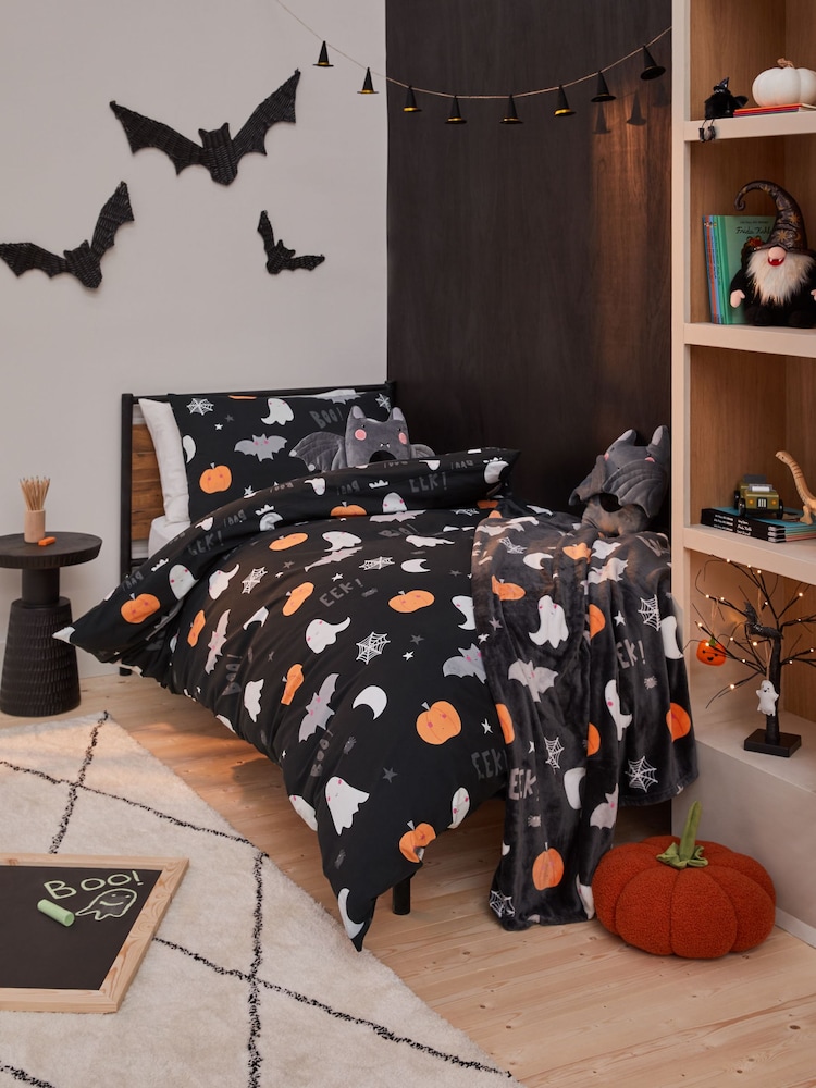 Black Glow In The Dark Halloween Duvet Cover and Pillowcase Set - Image 1 of 5