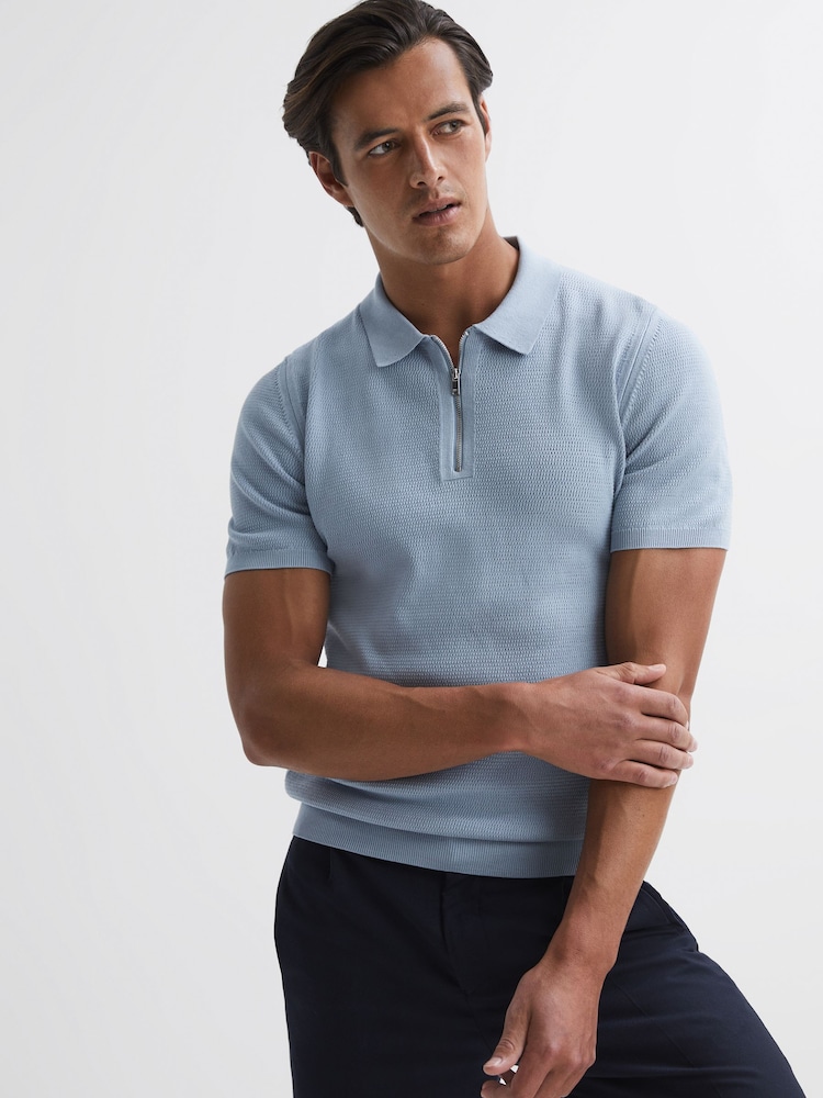 Reiss Soft Blue Fizz Knitted Half-Zip Polo T-Shirt - Image 1 of 5