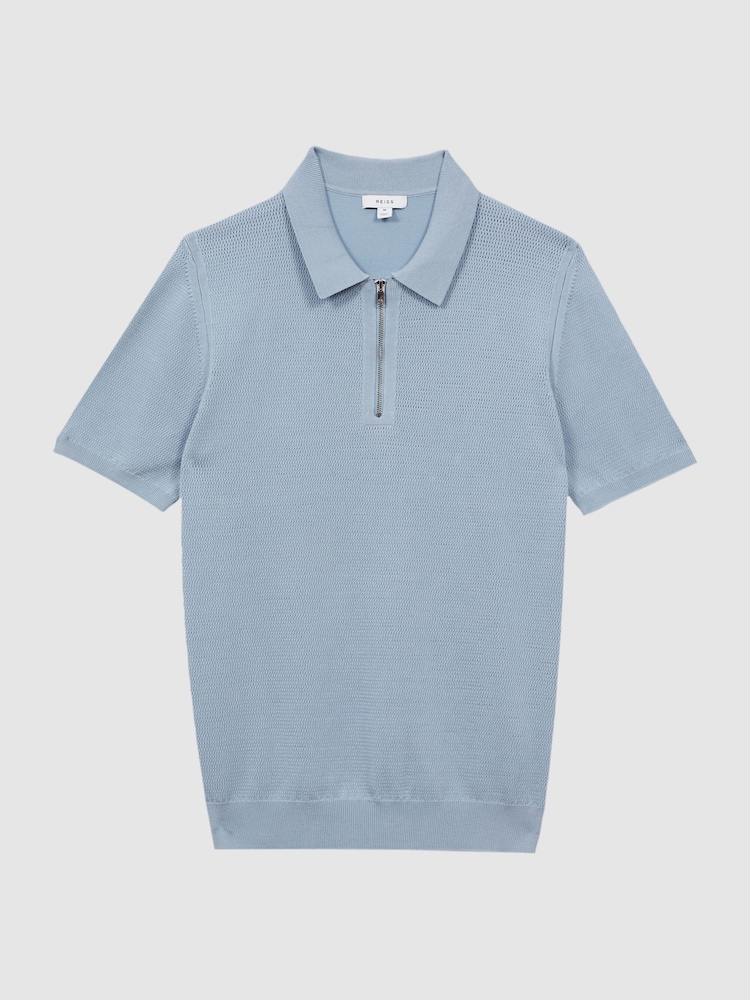 Reiss Soft Blue Fizz Knitted Half-Zip Polo T-Shirt - Image 2 of 5