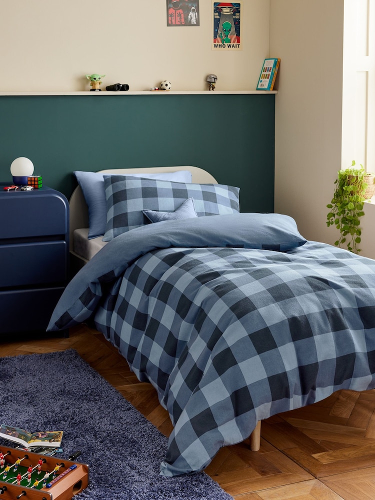 Blue Check Supersoft Brushed 100% Cotton Duvet Cover and Pillowcase Set - Image 1 of 6
