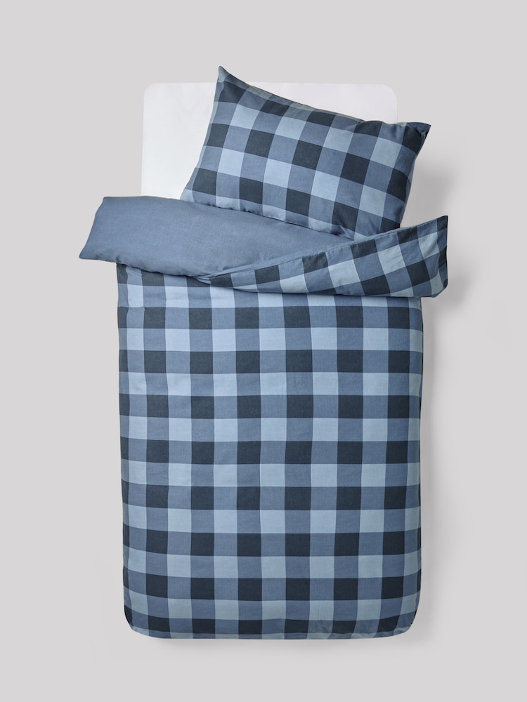 Blue Check Supersoft Brushed 100% Cotton Duvet Cover and Pillowcase Set - Image 4 of 6