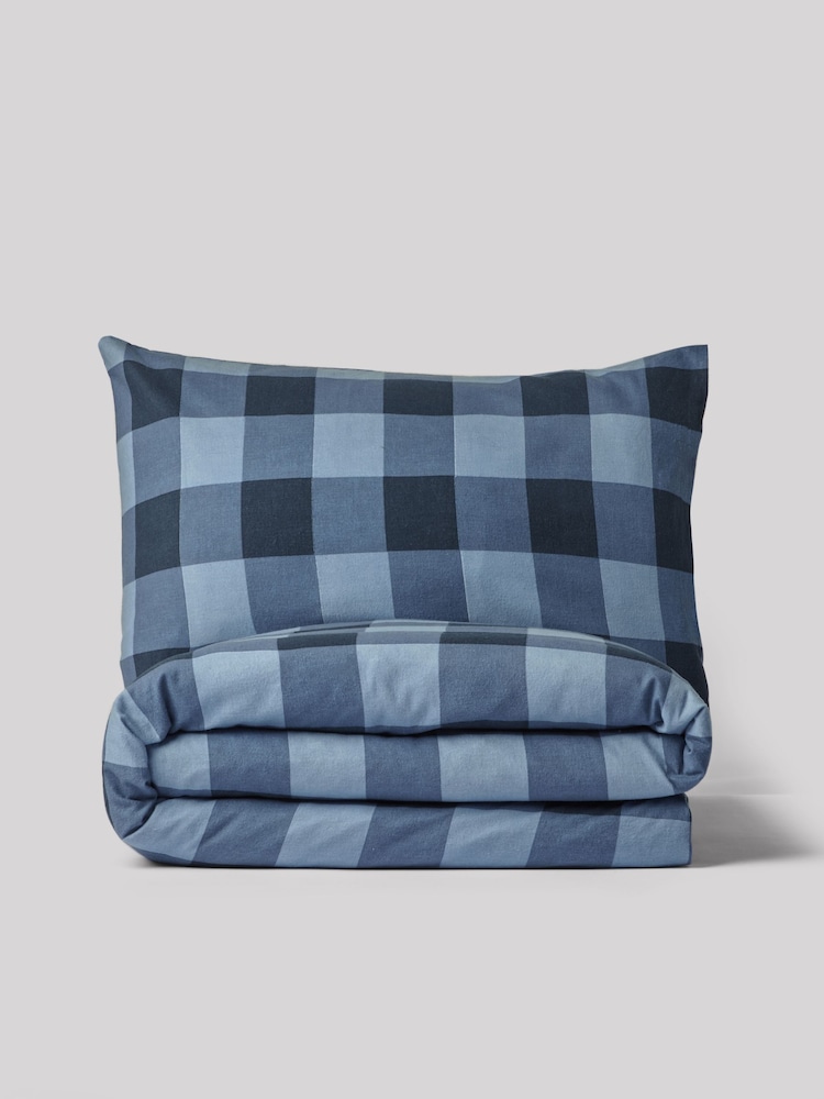 Blue Check Supersoft Brushed 100% Cotton Duvet Cover and Pillowcase Set - Image 5 of 6