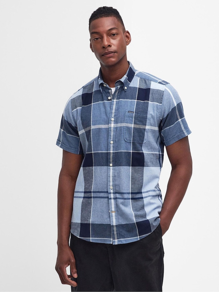 Barbour® Blue Doughill Check Cotton Blend With Linen Short Sleeve Shirt - Image 1 of 7 Barbour® Blue Doughill Check Cotton Blend With Linen Short Sleeve Shirt - Image 1 of 7