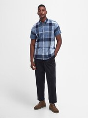 Barbour® Blue Doughill Check Cotton Blend With Linen Short Sleeve Shirt - Image 3 of 7
