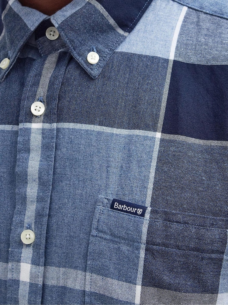 Barbour® Blue Doughill Check Cotton Blend With Linen Short Sleeve Shirt - Image 7 of 7