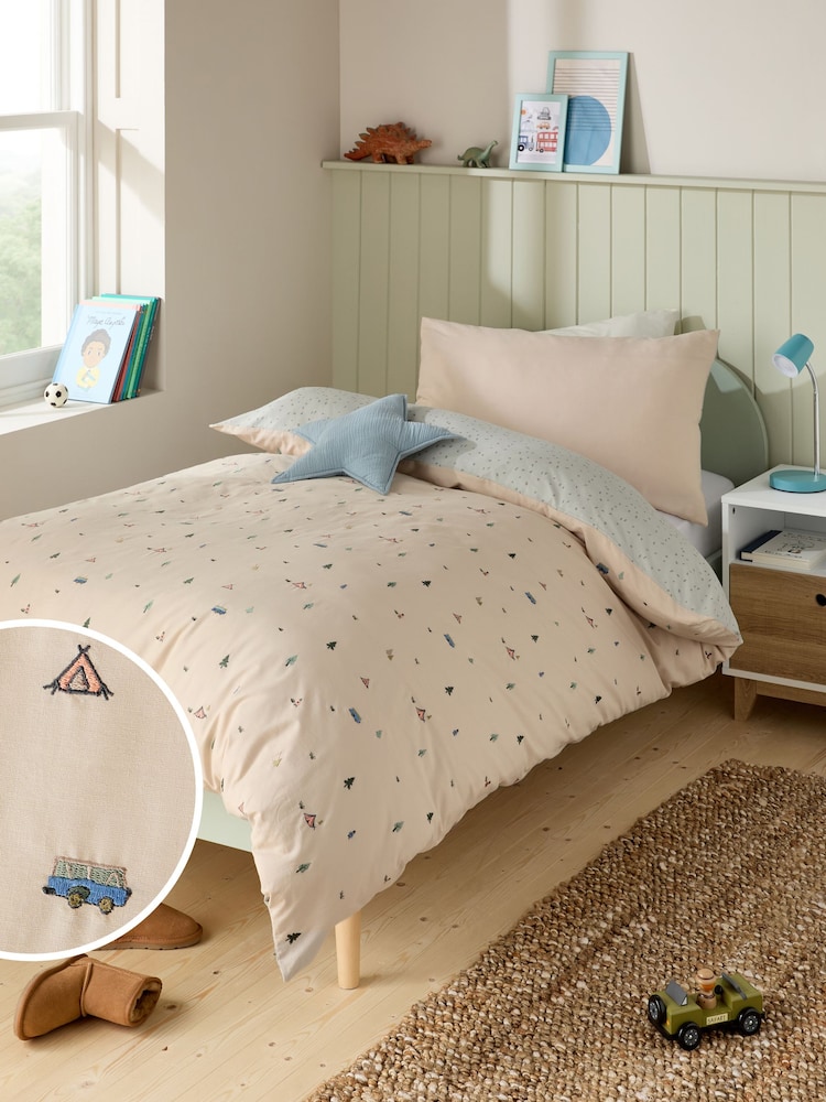Embroidered Camping 100% Cotton Printed Bedding Duvet Cover and Pillowcase Set - Image 1 of 8
