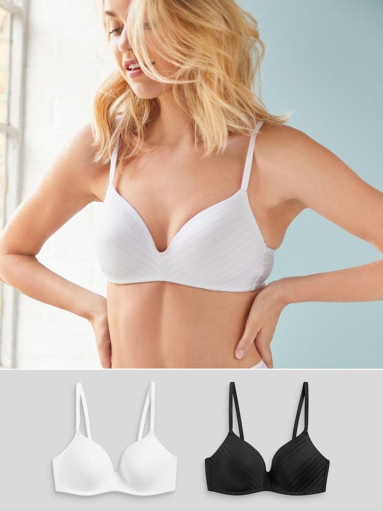 Black/White Pad Non Wire Stripe Smoothing T-Shirt Bras 2 Pack - Image 1 of 4