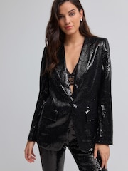 Black Sequin Relaxed Blazer - Image 1 of 7