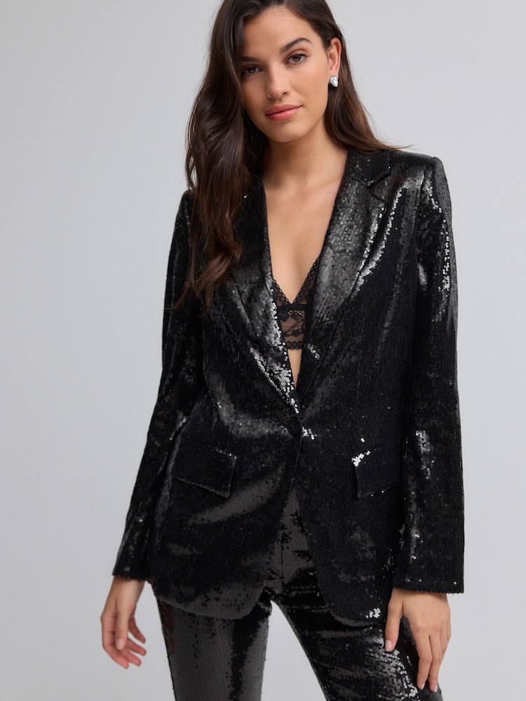 Black Sequin Relaxed Blazer - Image 1 of 7