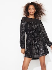 Black Long Sleeve Belted Sequin Mini Dress - Image 1 of 7
