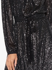 Black Long Sleeve Belted Sequin Mini Dress - Image 5 of 7