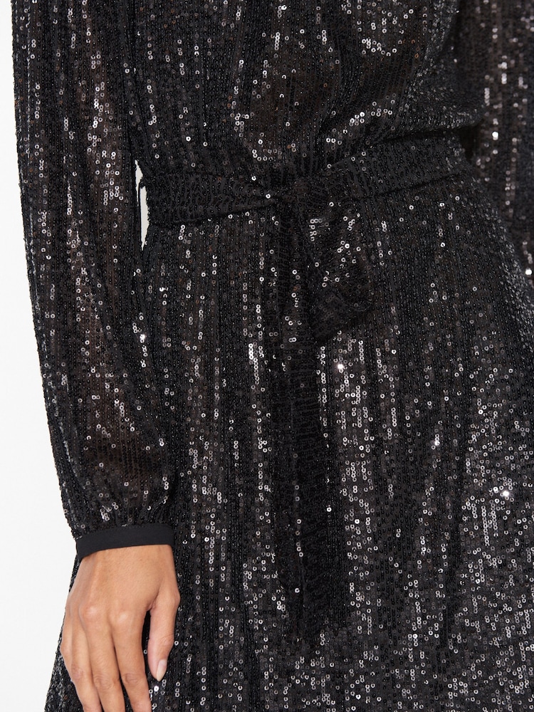 Noir - Mini robe à manches longues à sequins et ceinture - Image 5 of 7