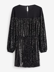 Black Long Sleeve Belted Sequin Mini Dress - Image 6 of 7