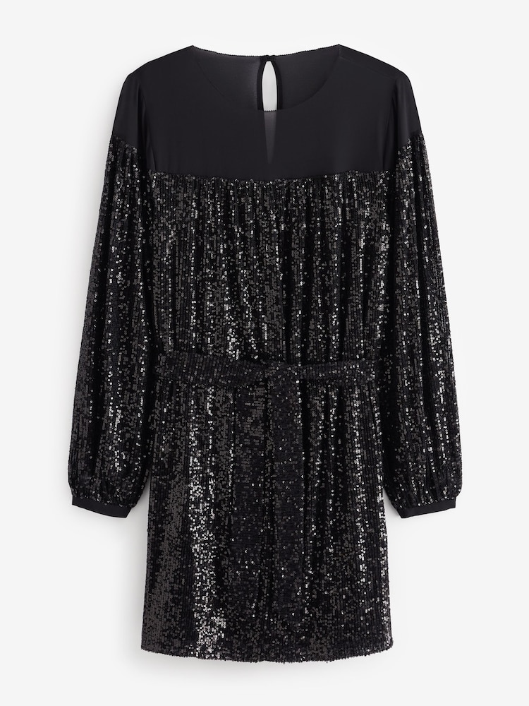 Noir - Mini robe à manches longues à sequins et ceinture - Image 6 of 7
