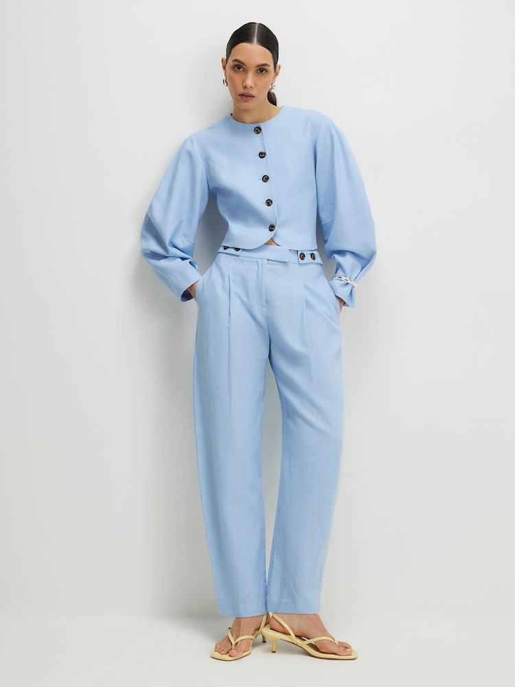 River Island Blue Linen Blend Tailored Barrel Trousers - Image 1 of 4