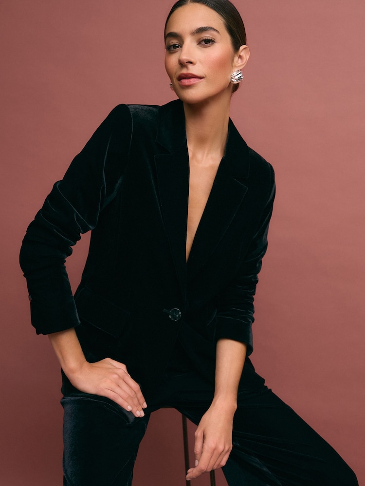Black Tailored Velvet Single Breasted Blazer - Image 1 of 4 Black Tailored Velvet Single Breasted Blazer - Image 1 of 4