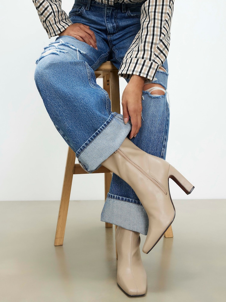 River Island Cream Square Heel Stretch Boots - Image 1 of 5 River Island Cream Square Heel Stretch Boots - Image 1 of 5