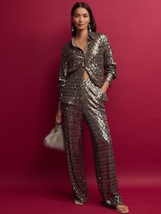 Gold Wide Leg Sequin Trousers - Image 1 of 4