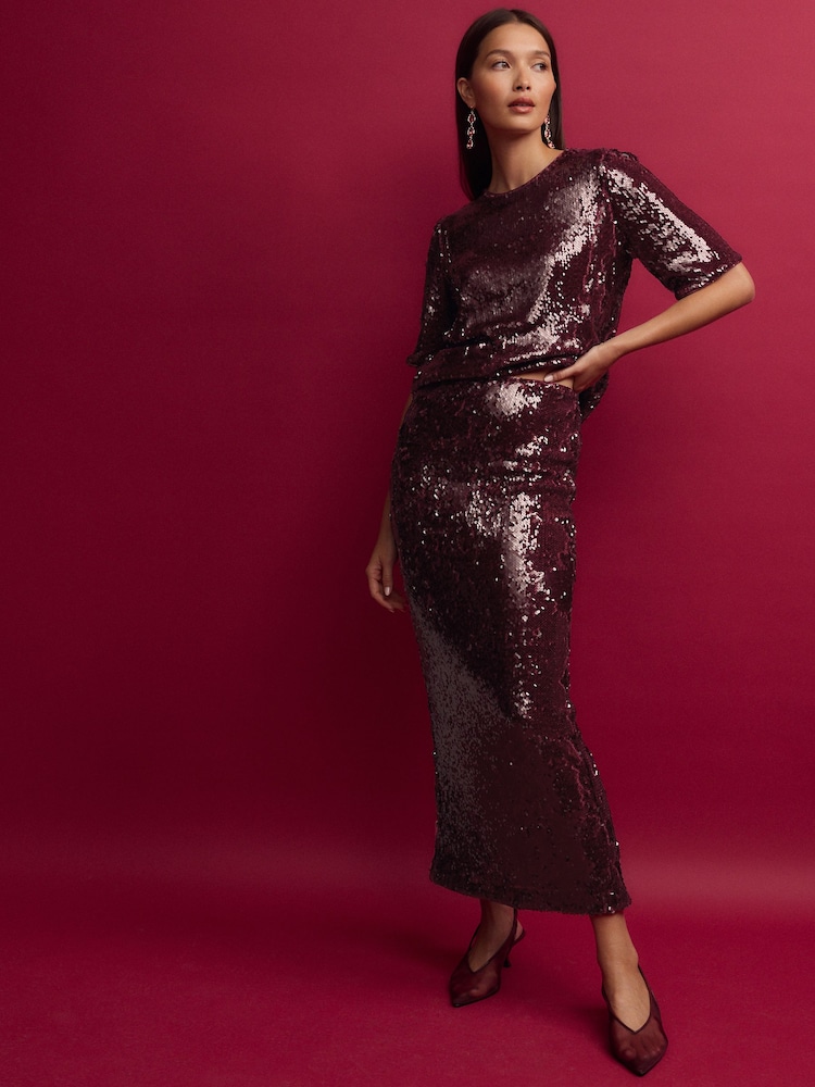 Burgundy Red Rochelle Humes Sequin Maxi Skirt - Image 1 of 7
