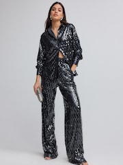 Navy Wide Leg Sequin Trousers - Image 1 of 8