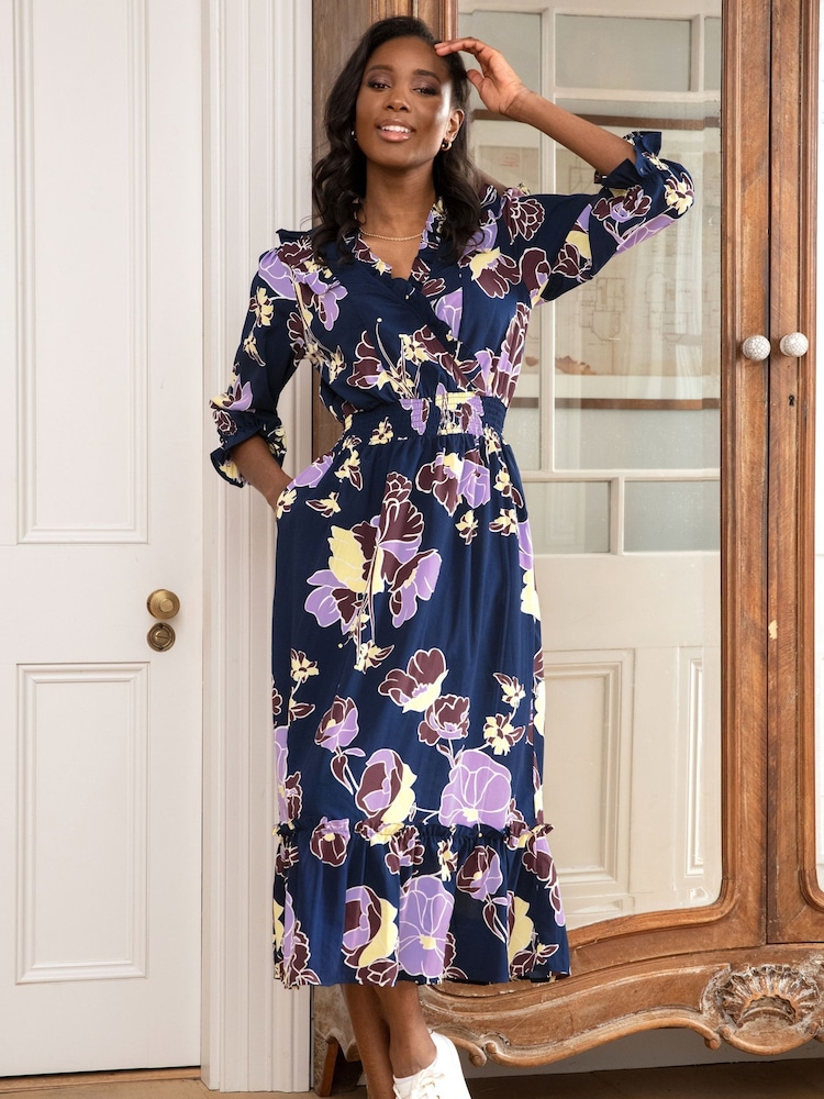 Pour Moi Navy Floral Print Maggie Dress - Image 1 of 5