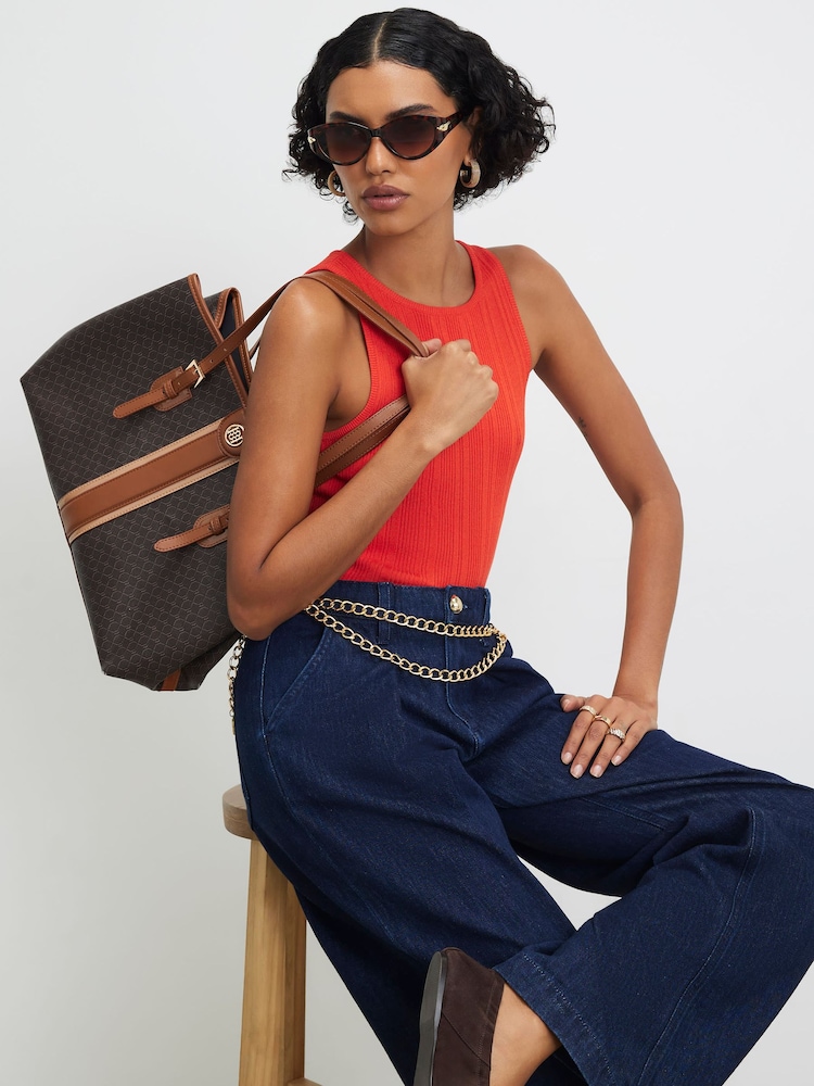 River Island Brown Stripe Buckle Monogram Shopper Bag - Image 1 of 4 River Island Brown Stripe Buckle Monogram Shopper Bag - Image 1 of 4