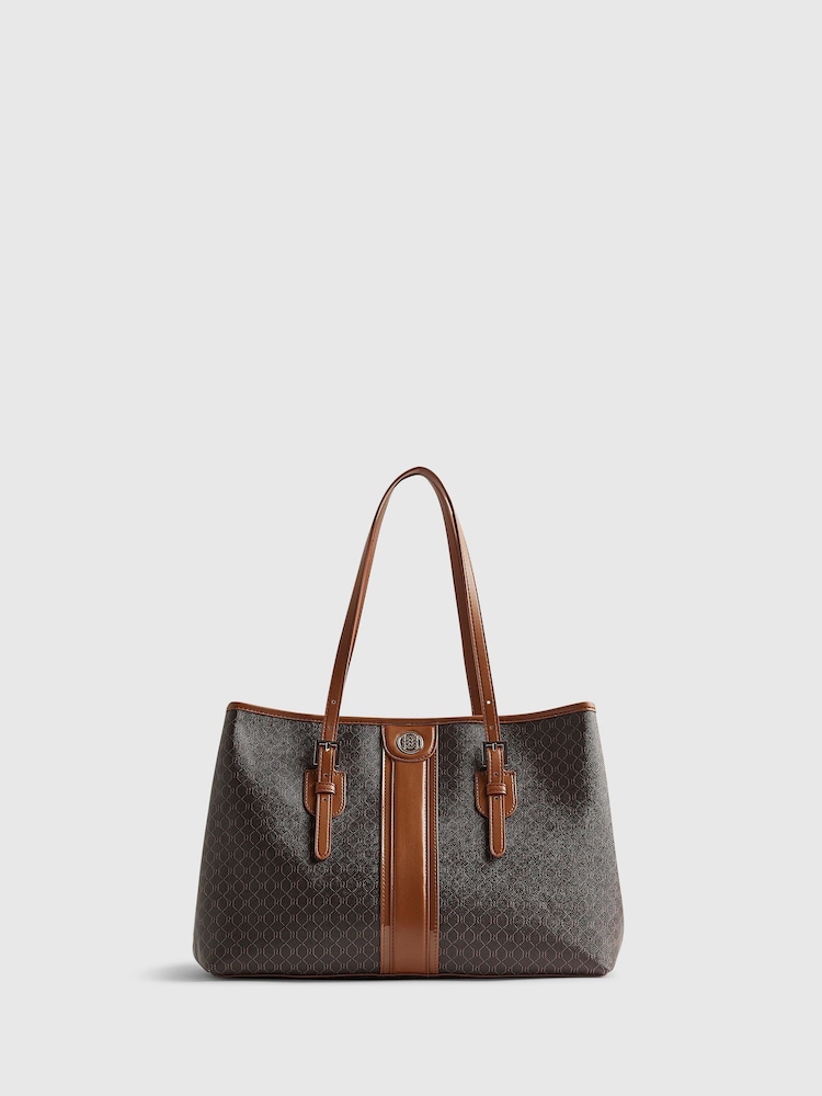 River Island Brown Stripe Buckle Monogram Shopper Bag - Image 2 of 4 River Island Brown Stripe Buckle Monogram Shopper Bag - Image 2 of 4