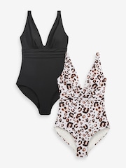 Noir/Animal - Lot de 2 maillots de bain gainants à décolleté plongeant - Image 1 of 8