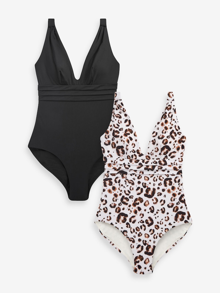 Noir/Animal - Lot de 2 maillots de bain gainants à décolleté plongeant - Image 1 of 8