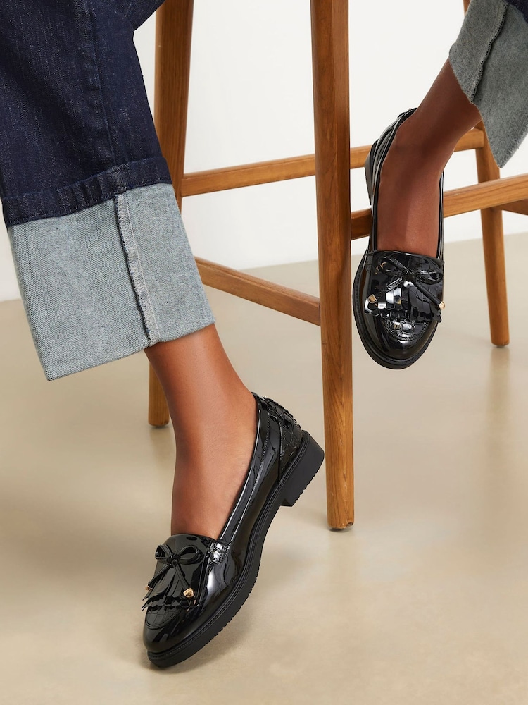 River Island Black Patent Bow Fringed Loafers - Image 1 of 6 River Island Black Patent Bow Fringed Loafers - Image 1 of 6