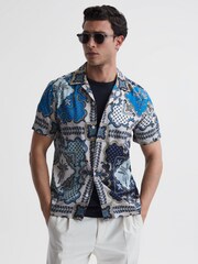 Reiss Blue Multi Eden Paisley Print Cuban Collar Shirt - Image 1 of 4