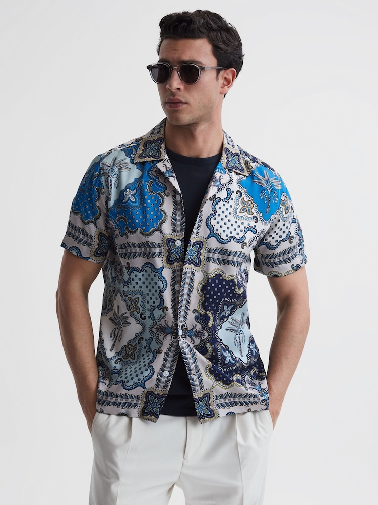 Reiss Blue Multi Eden Paisley Print Cuban Collar Shirt - Image 1 of 4
