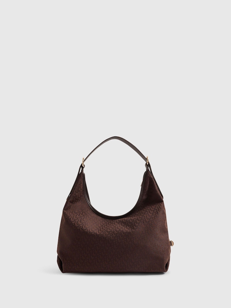 River Island Brown Monogram Jacquard Slouch Bag - Image 2 of 6 River Island Brown Monogram Jacquard Slouch Bag - Image 2 of 6