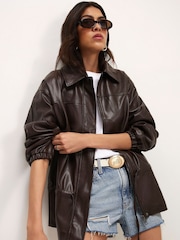 River Island Brown Drop Hem Drawstring Funnel Neck Jacket - Image 1 of 4