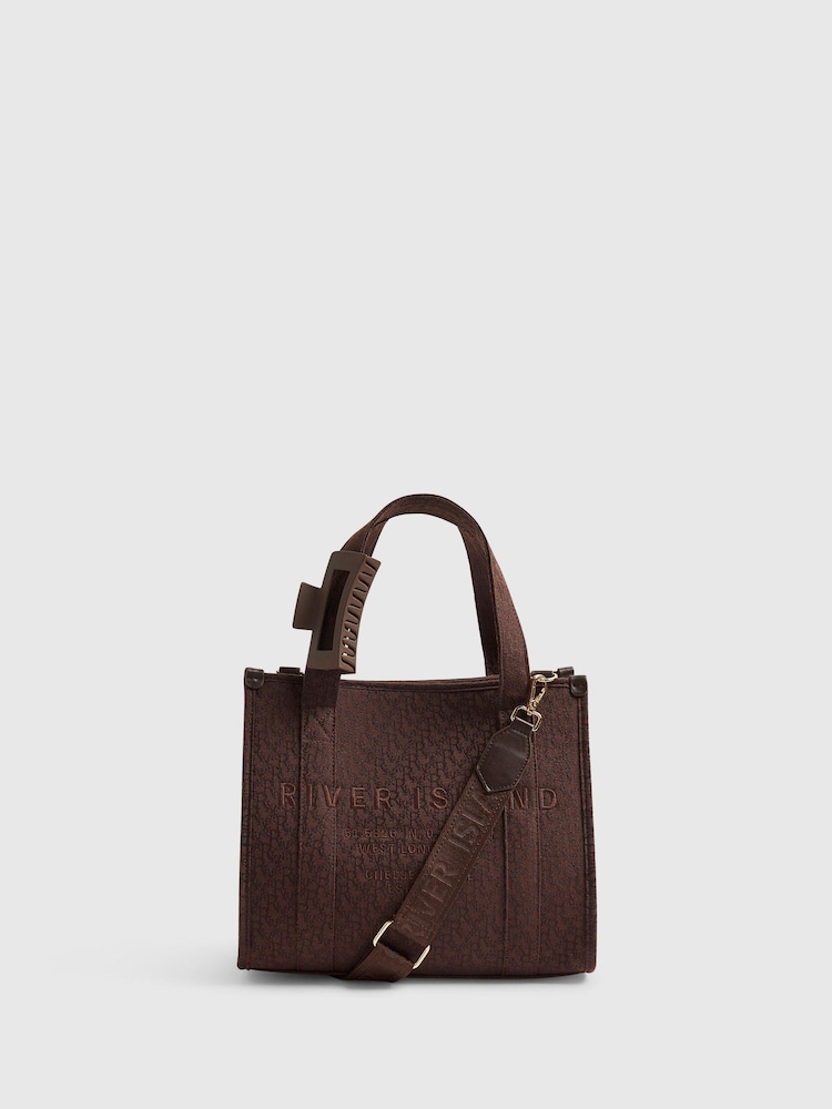 River Island Brown Monogram Jacquard Embroidered Tote Bag - Image 1 of 5