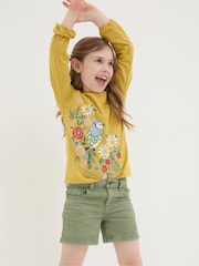 FatFace Daisy Green Embroidered Denim Shorts - Image 1 of 4