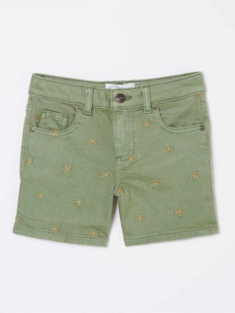 FatFace Daisy Green Embroidered Denim Shorts - Image 4 of 4