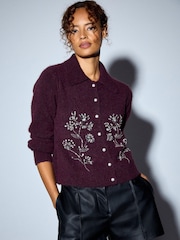 Plum Purple Floral Embellished - Megztas apykaklės kardiganas su vilna - 1 paveikslėlis iš 5