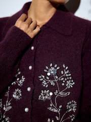 Plum Purple Floral Embellished - Megztas apykaklės kardiganas su vilna - 5 paveikslėlis iš 5