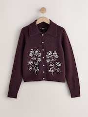 Plum Purple Floral Embellished Knitted Collar Cardigan With Wool - Image 6 of 8