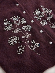 Plum Purple Floral Embellished Knitted Collar Cardigan With Wool - Image 7 of 8