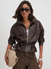 River Island Brown Drawstring Funnel Jacket - Image 1 of 4