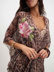 River Island Brown Leopard Print Embroidered Kaftan - Image 4 of 4