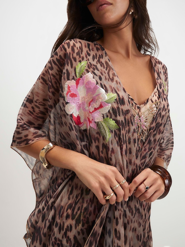 River Island Brown Leopard Print Embroidered Kaftan - Image 4 of 4 River Island Brown Leopard Print Embroidered Kaftan - Image 4 of 4