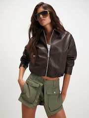 River Island Brown Washed Faux Leather Bomber Jacket - Image 2 of 4