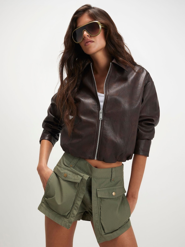 River Island Brown Washed Faux Leather Bomber Jacket - Image 2 of 4 River Island Brown Washed Faux Leather Bomber Jacket - Image 2 of 4